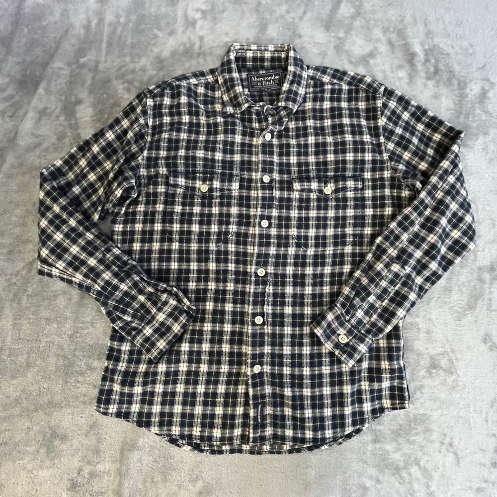 Abercrombie & Fitch Flannel Shirt Mens Small Blue Green Plaid Long Sleeve Cotton